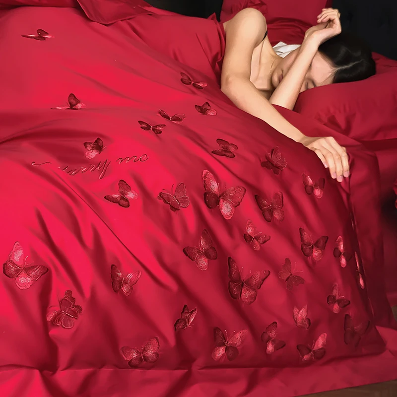 法式浪漫婚庆四件套100S长绒棉立体蝴蝶刺绣被套结婚纯棉床上用品