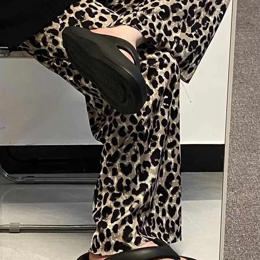 高个子豹纹加长遛弯裤高腰休闲夏季慵懒垂感外穿空调拖地薄款长裤