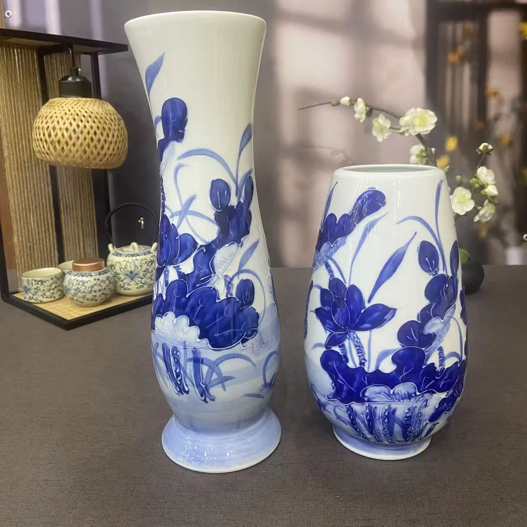 【百善瓷业】青花荷趣花插+青花荷花花铳瓶