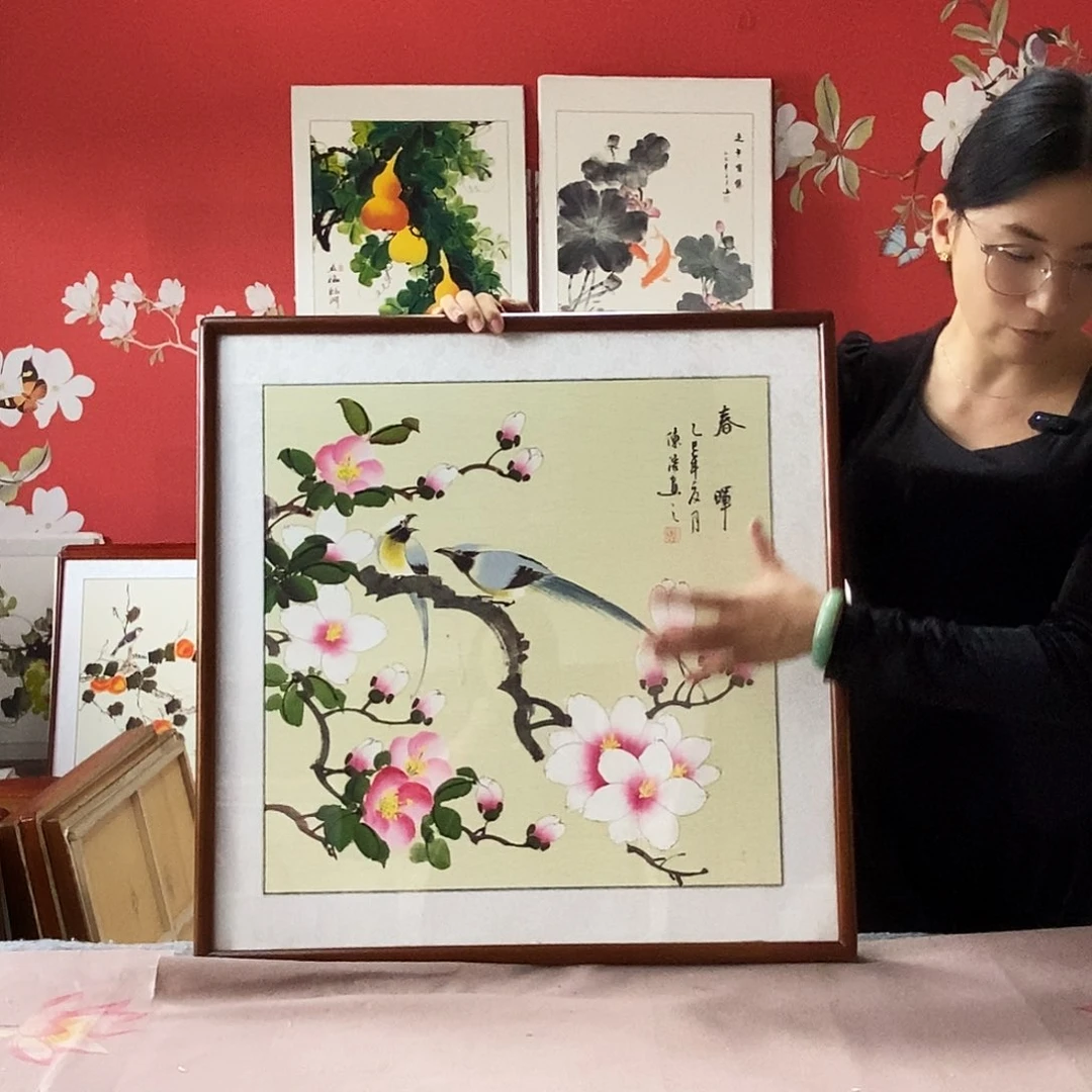 国画手写手绘国画作品带框包邮62✖️62