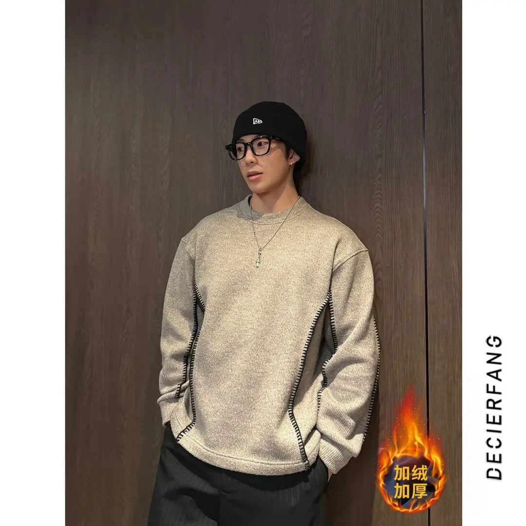 定制撞色加绒加厚编织花边加绒男士卫衣冬季上衣潮流圆领套头上衣