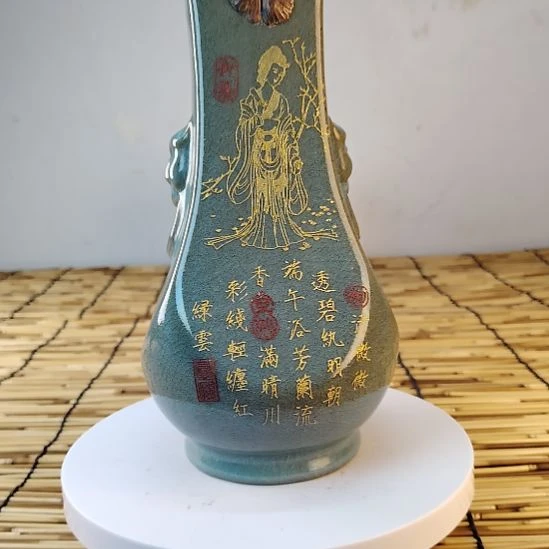 摆件陶汝窑描金包铜口老工艺美女图