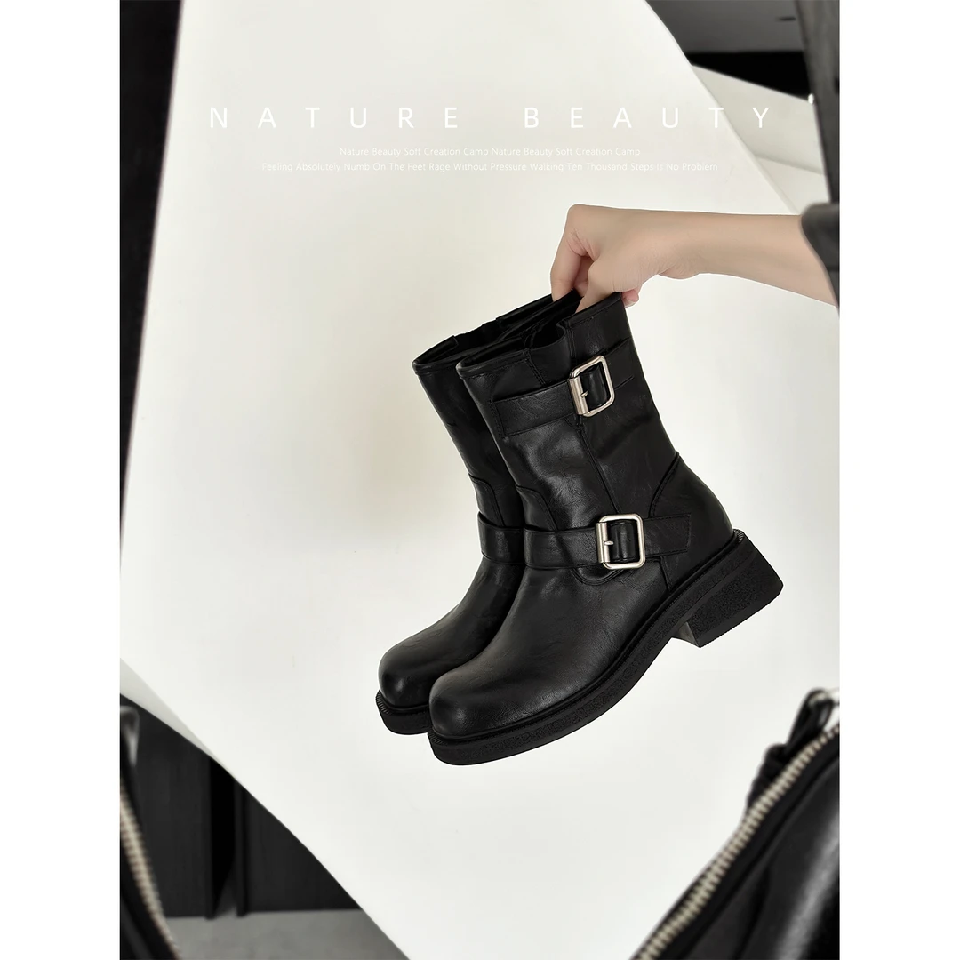 自然卷双扣粗跟厚底机车短靴复古英伦风马丁靴女中筒靴通勤小靴子