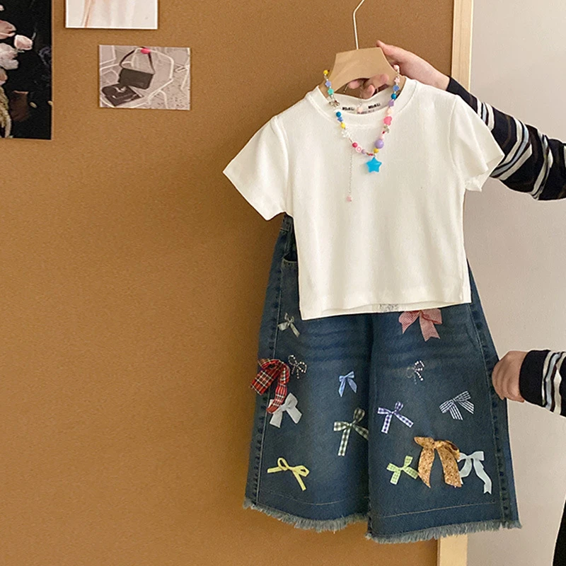 【安安家】女童夏季新款蕾丝短袖上衣蝴蝶牛仔阔腿裤两件套潮R26185