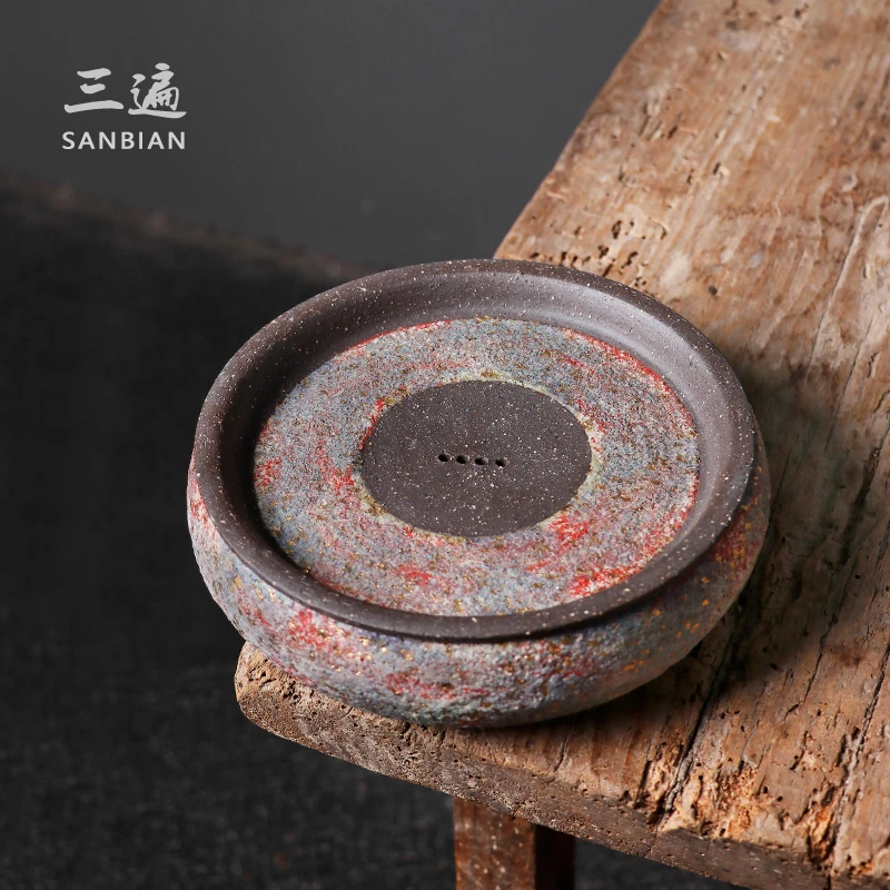 岩矿斑斓蓄水壶承 中式圆形干泡台禅意功夫茶具茶承手作干泡茶盘