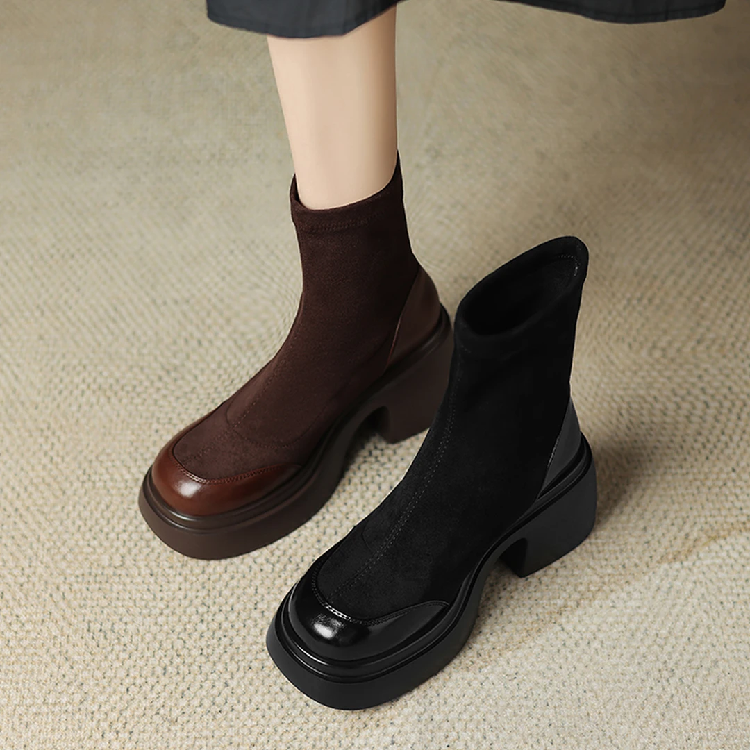 诗宝斐尔 粗跟7.5圆头厚底高跟弹力短靴女真皮拼接瘦瘦马丁靴单靴