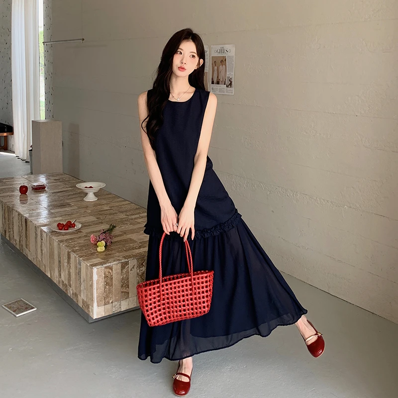 藏青色韩版女神范木耳边拼接连衣裙女2025夏季长裙高级感背心裙