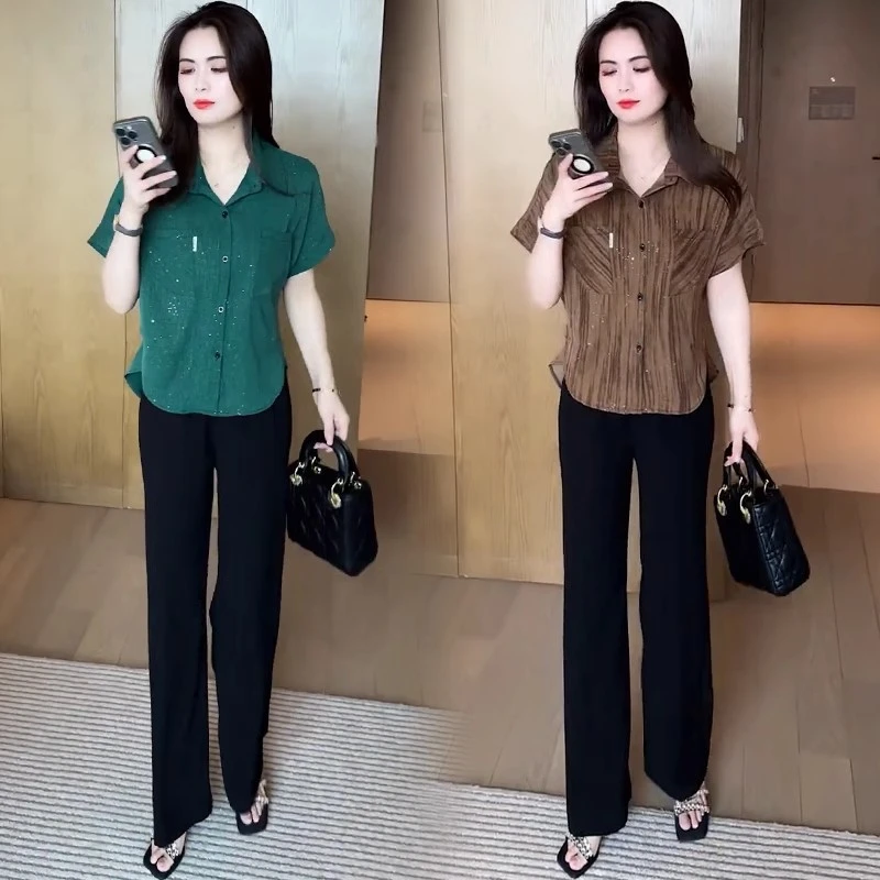 时尚百搭衬衫女2025夏季新款洋气减龄宽松遮肚子短袖阔腿裤两件套