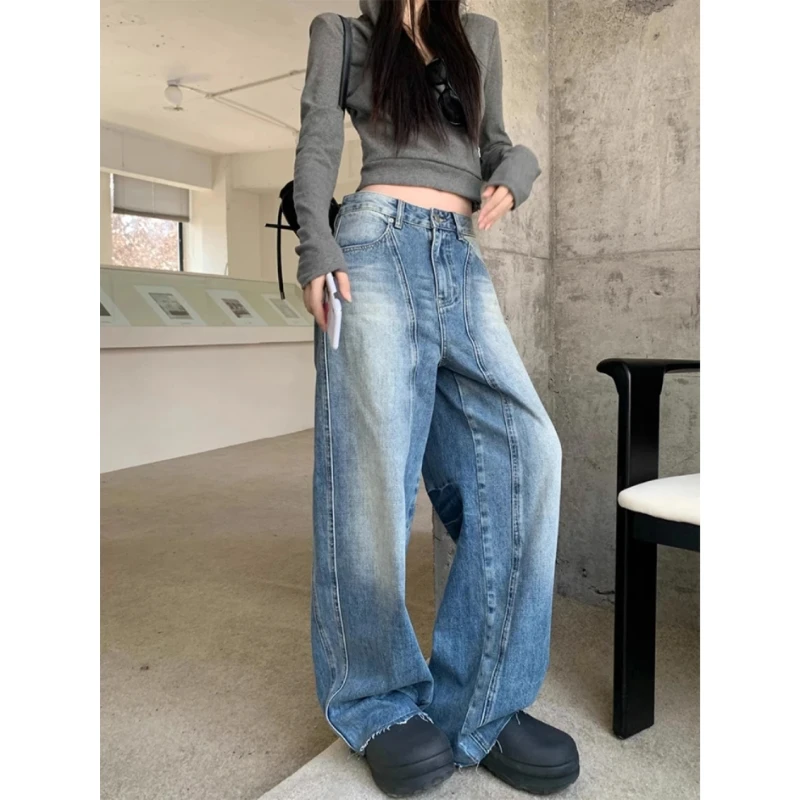 美式高街解构弯刀水洗牛仔裤女冬季2025新款宽松显瘦垂感阔腿裤子