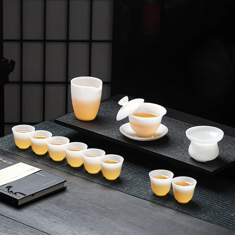 颜瓷 璞玉白瓷盖碗茶壶十一头家用高档送礼中式陶瓷茶具套装