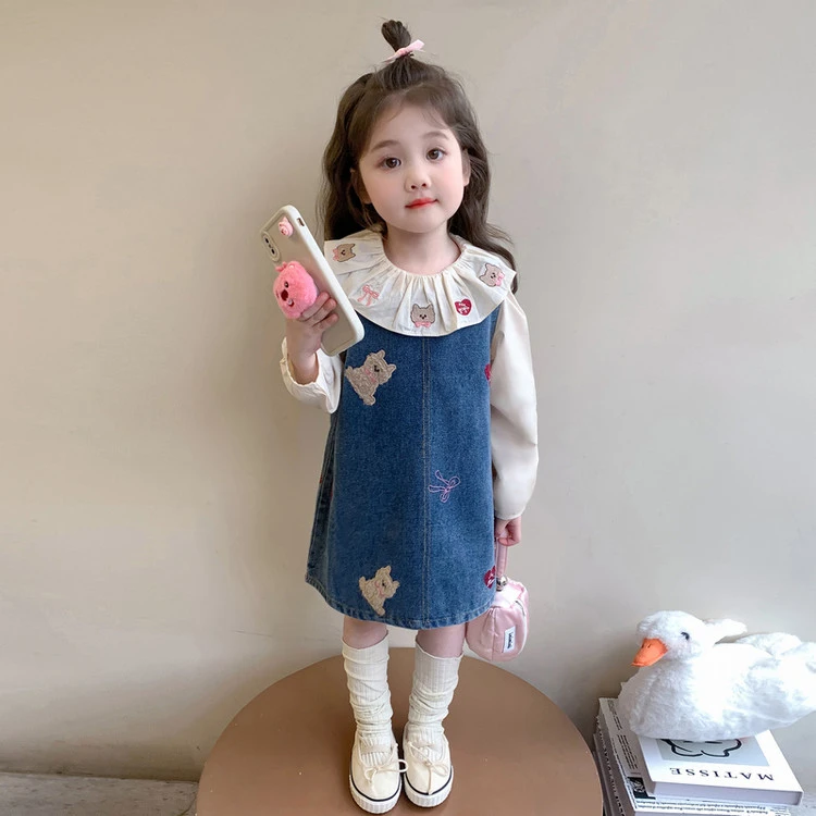 女童乖巧休闲娃娃衫背心裙娃娃领牛仔裙两件套