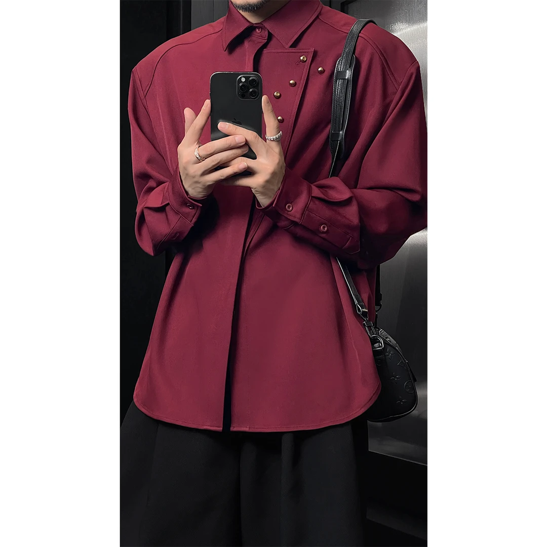 龙叨叨新品痞帅高级感设计领长袖衬衫男复古宽松休闲简约衬衣