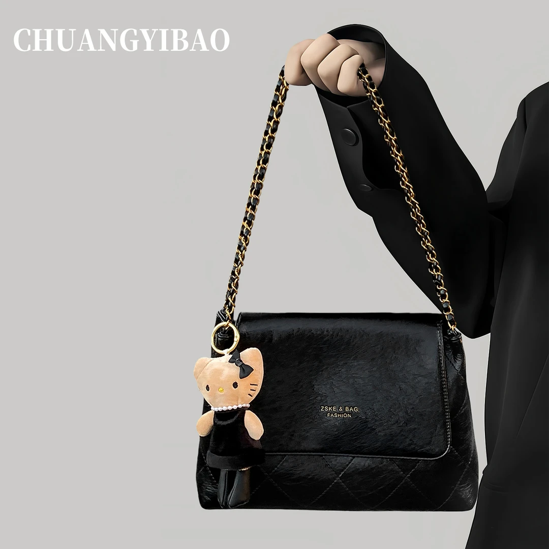 大容量菱格链条通勤包包女式2025新款潮秋冬油蜡皮百搭单肩腋下包