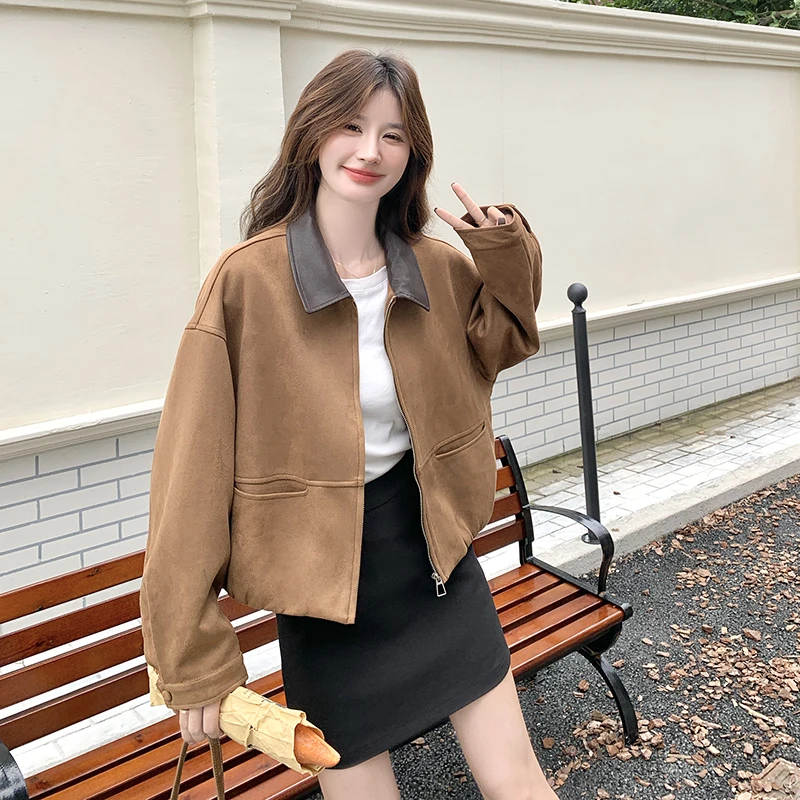 咖色麂皮绒外套女早秋季2025新时尚韩系小个子气质减龄显瘦短夹克