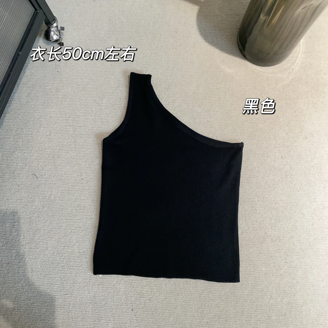 【Si&华严选】别致单肩斜肩针织背心上衣黑色弹力打底吊带C-7810
