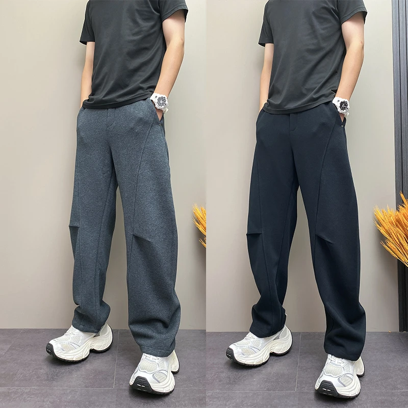 2025秋季男士纯色拼接运动裤弯刀裤新款美式潮流宽松阔腿休闲卫裤