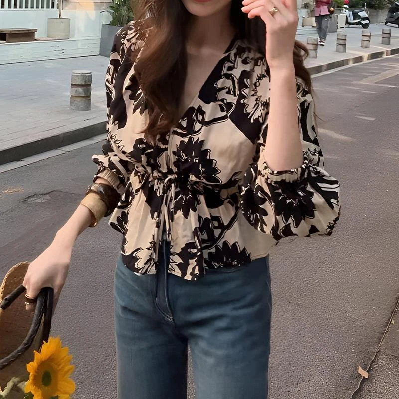 ALOME轻奢高级感印花v领系带长袖衬衫女2025新款夏季收腰显瘦上衣