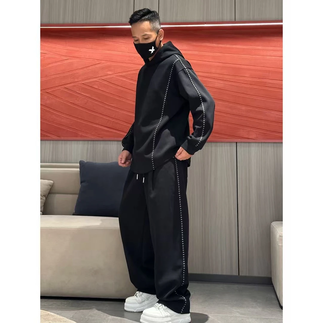 秋季新款时尚潮流百搭明线连帽卫衣加长裤休闲宽松垂感套装5882