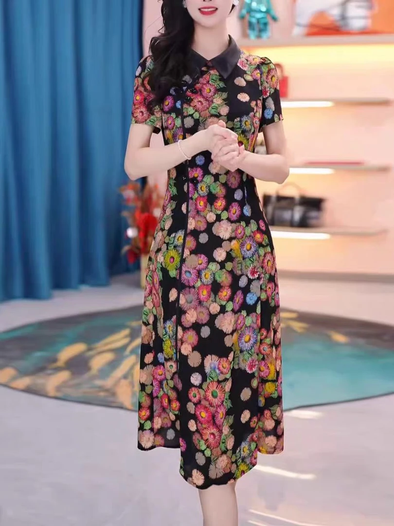 F303 2025新款夏季碎花修身显瘦短袖气质时尚复古温柔轻奢连衣裙