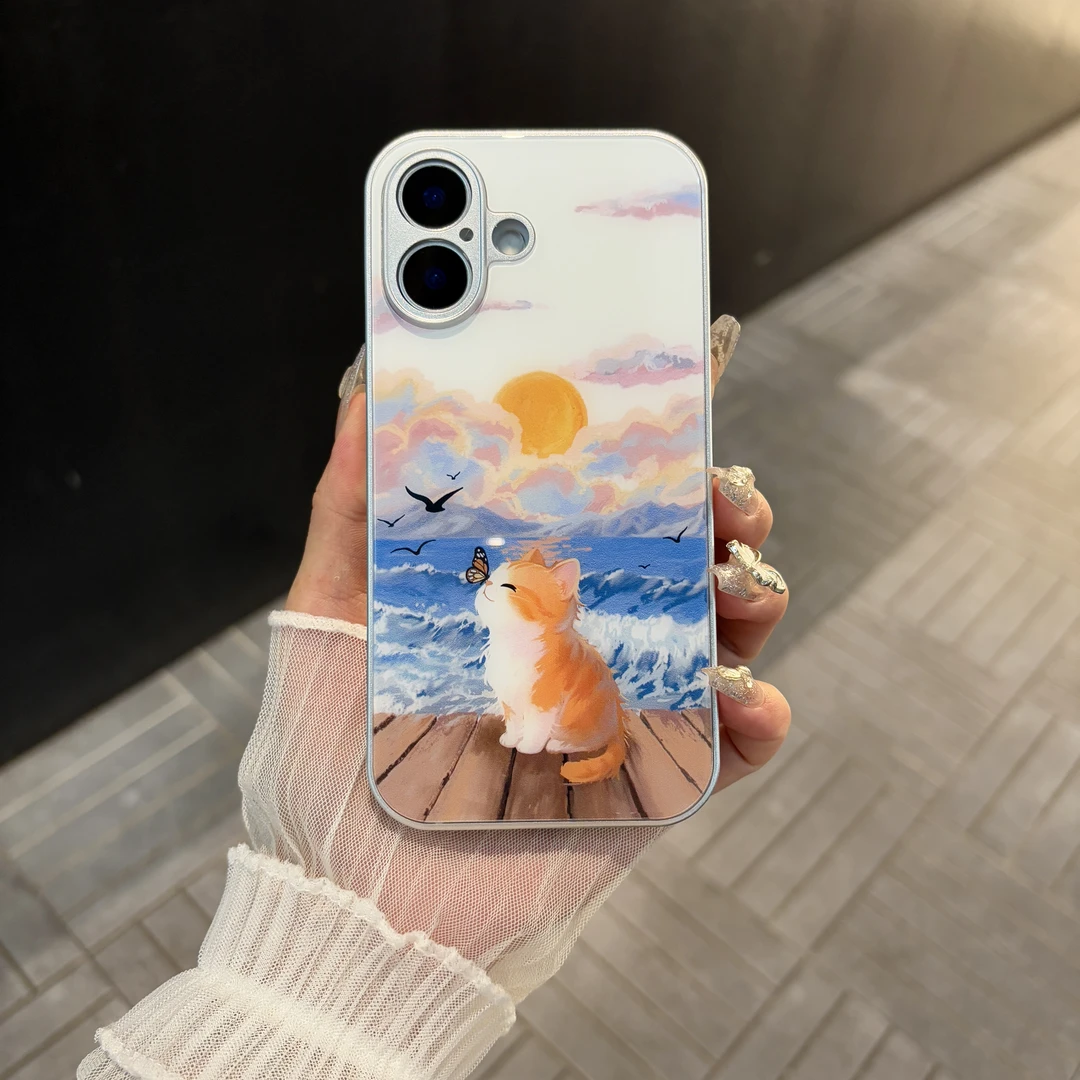 苹果/华为/oppo/vivo/小米 油画猫咪适用iPhone16玻璃防摔手机壳