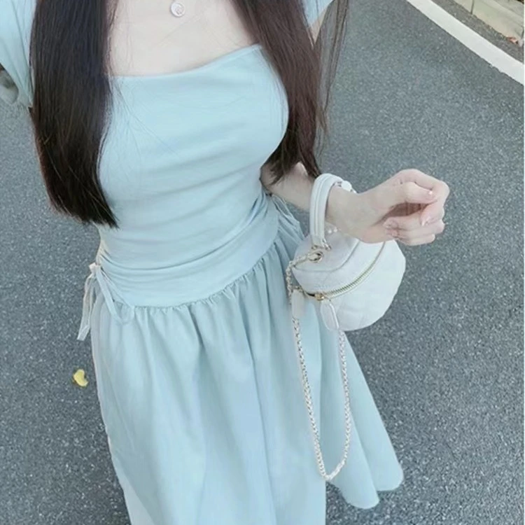 【有运补放心拍!】蓝色方领吊带温柔连衣裙女装拼接裙子感收腰显瘦