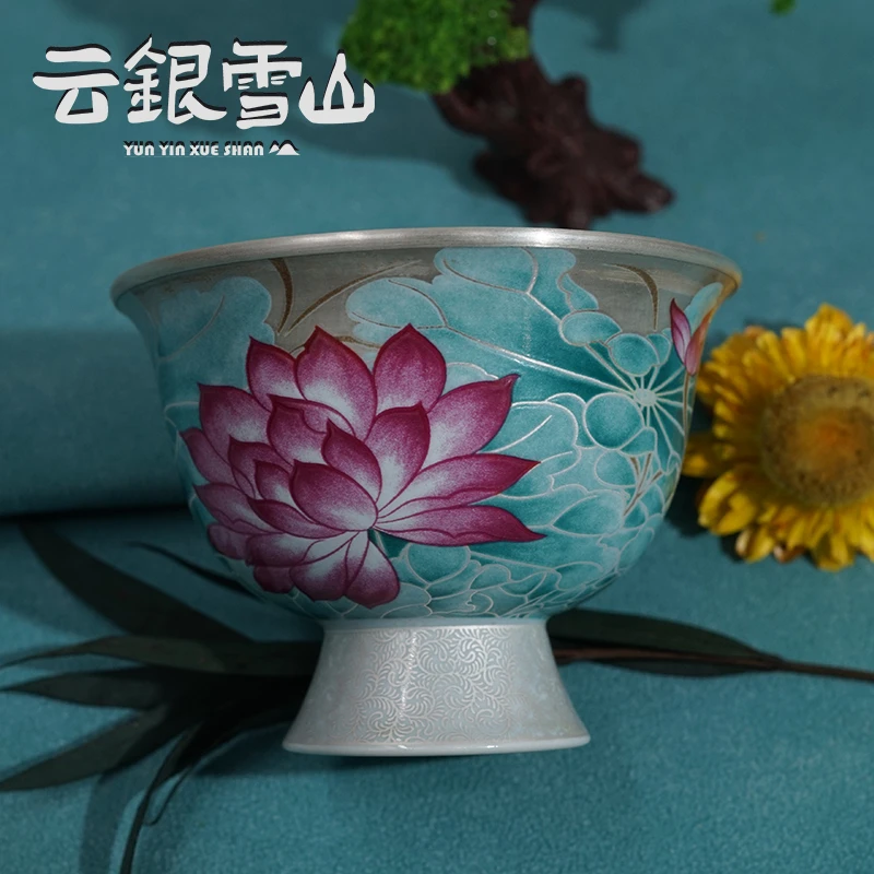 足银陶瓷银制品 YW9【荷塘清趣杯】足银999/陶瓷
