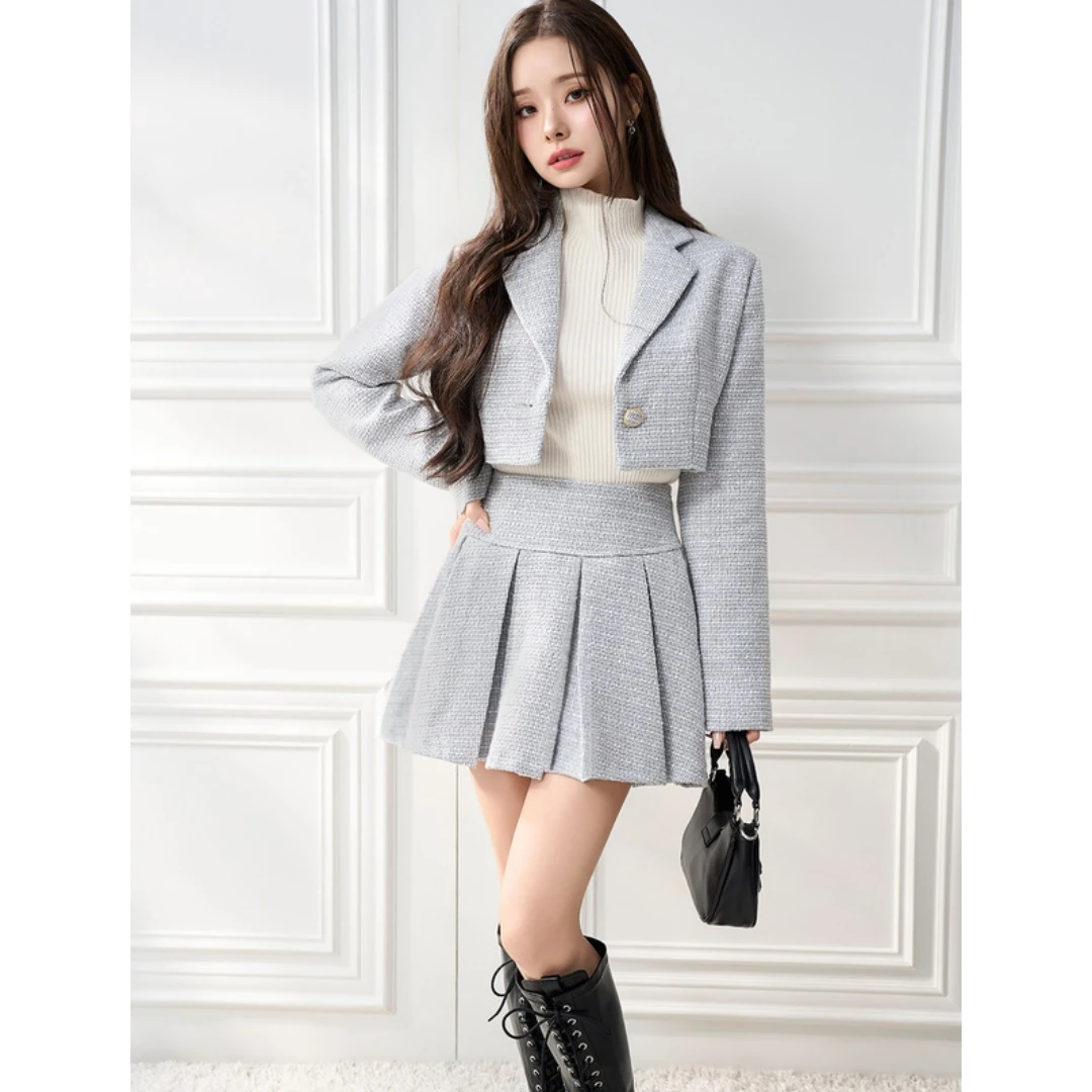 【MonTendre】 秋季新款 G 金银丝花呢夹克短款百褶迷你裙套装