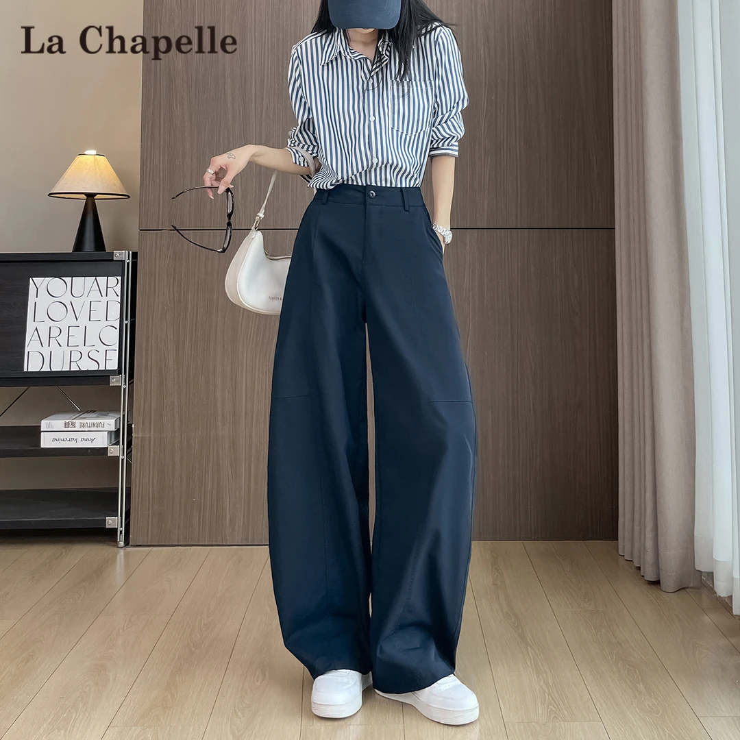 拉夏贝尔藏蓝色美式弯刀牛仔裤女春秋2025新款梨型显瘦窄版阔腿裤