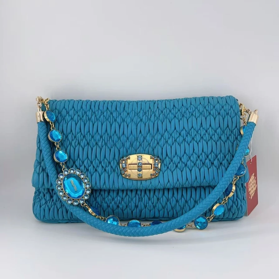 95新 MIU MIU/缪缪  蓝色褶皱钻石链条包 1592 7465