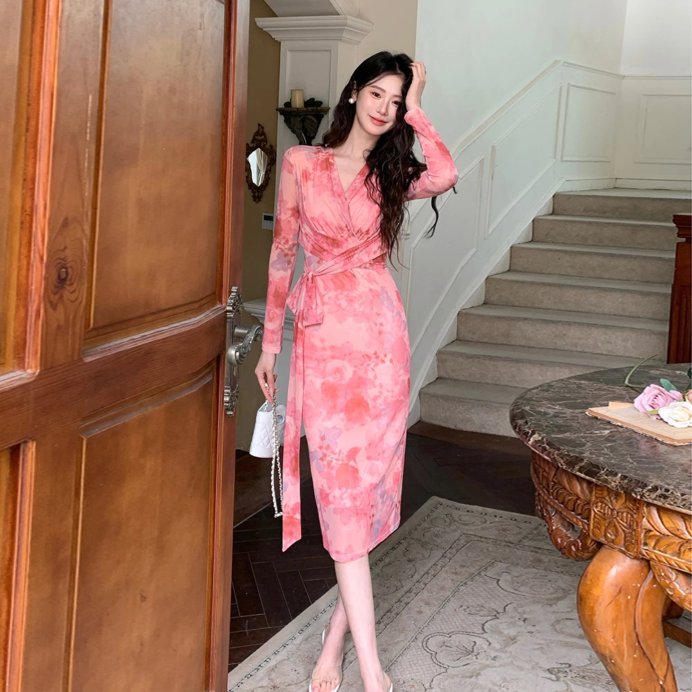 春季新款法式绑带收腰时尚气质网纱印花修身显瘦女人味包臀连衣裙