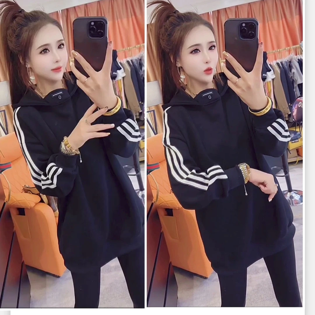 欧货加绒加厚中长款卫衣休闲条纹设计套头洋气长袖百搭女士宽松