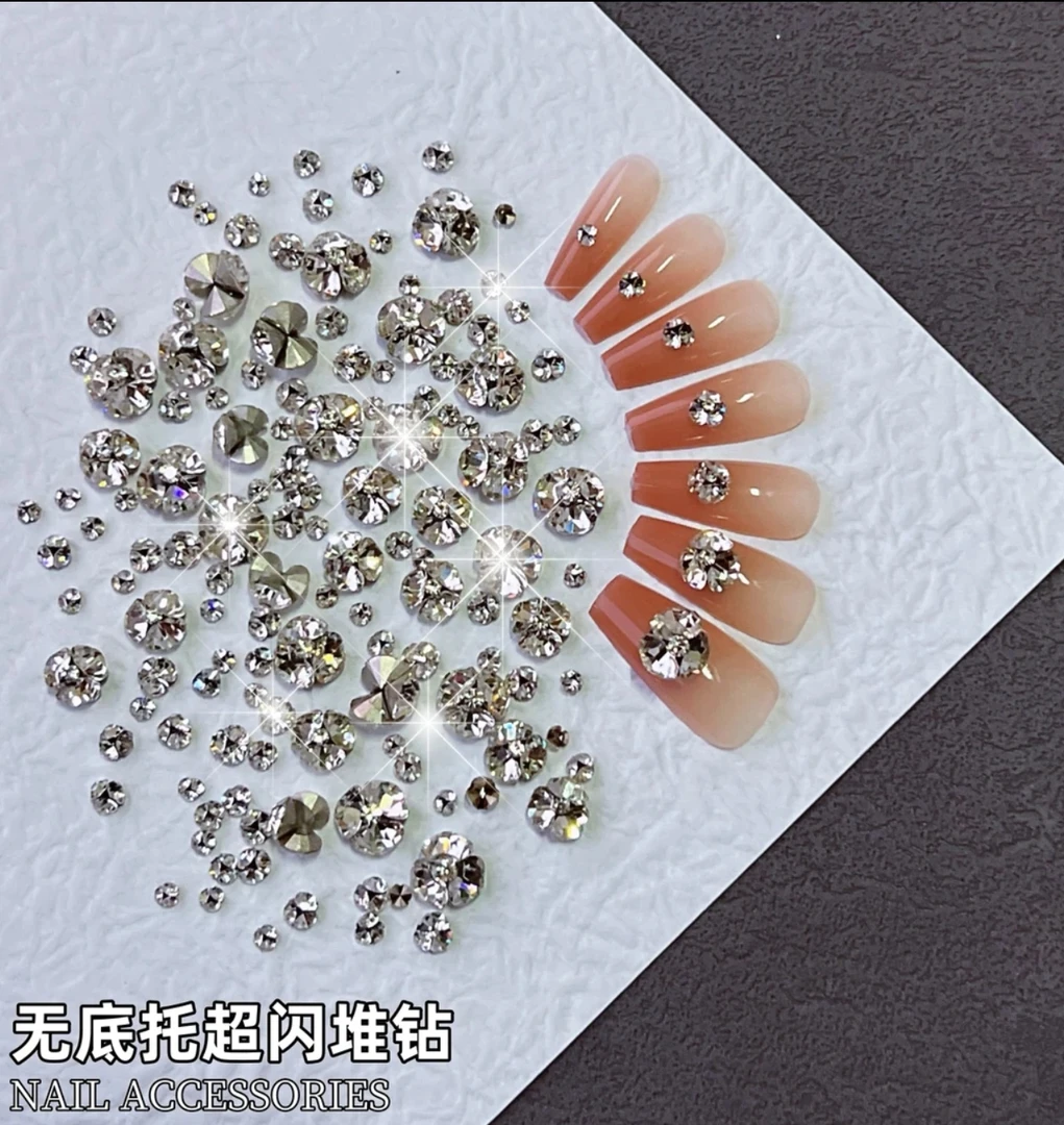 LR【33切成品堆钻】无底托大小混白色超闪简约美甲钻饰DIY