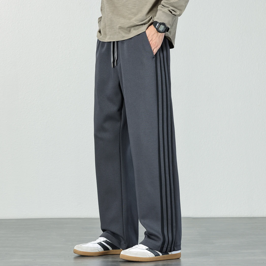 2025秋冬新款针织条纹卫裤男士宽松直筒休闲裤重磅垂感加绒裤子潮