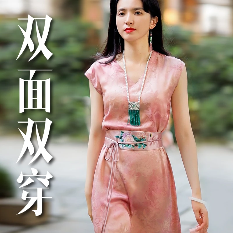 复古日记100桑蚕丝新中式夏季双面穿国风无袖显瘦连衣裙242L6393