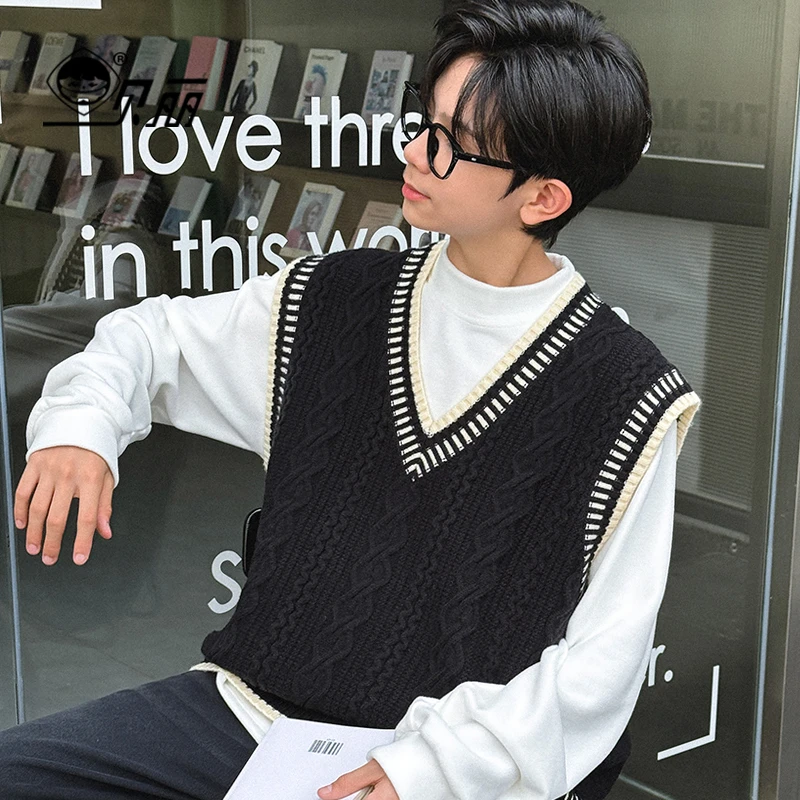 美式风2025秋冬新款男童毛线马甲亲少年学院背心帅气大童坎肩潮牌