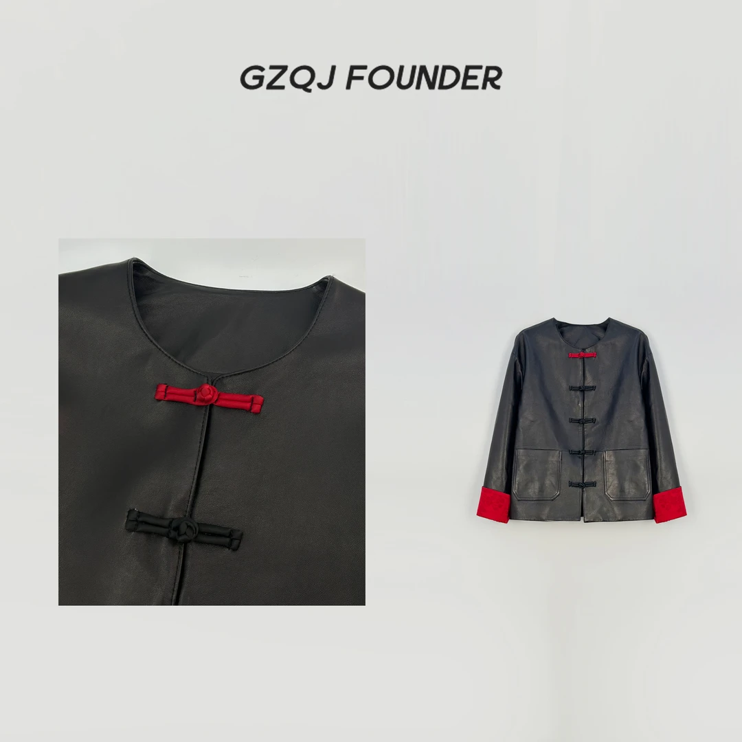 GZQJ【一览芳华】2024春季新款百搭拼色中式皮衣外套女9006