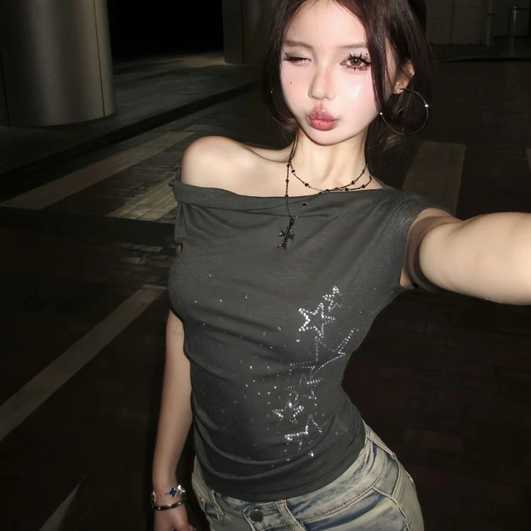 美式复古辣妹短袖T恤女夏季新款修身显瘦斜肩甜酷收腰短款上衣
