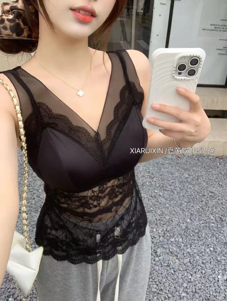 夏季新款蕾丝美背背心性感吊带内搭打底上衣带胸垫蕾丝宽肩背心