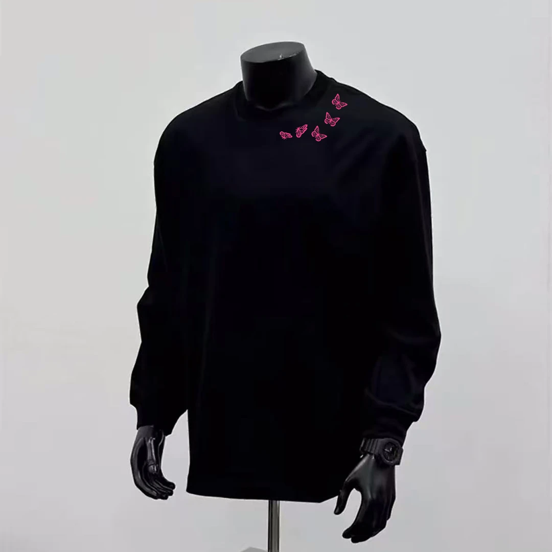 男重磅纯棉秋冬上衣长袖T恤男女同款潮流蝴蝶印花宽松圆领打底T恤