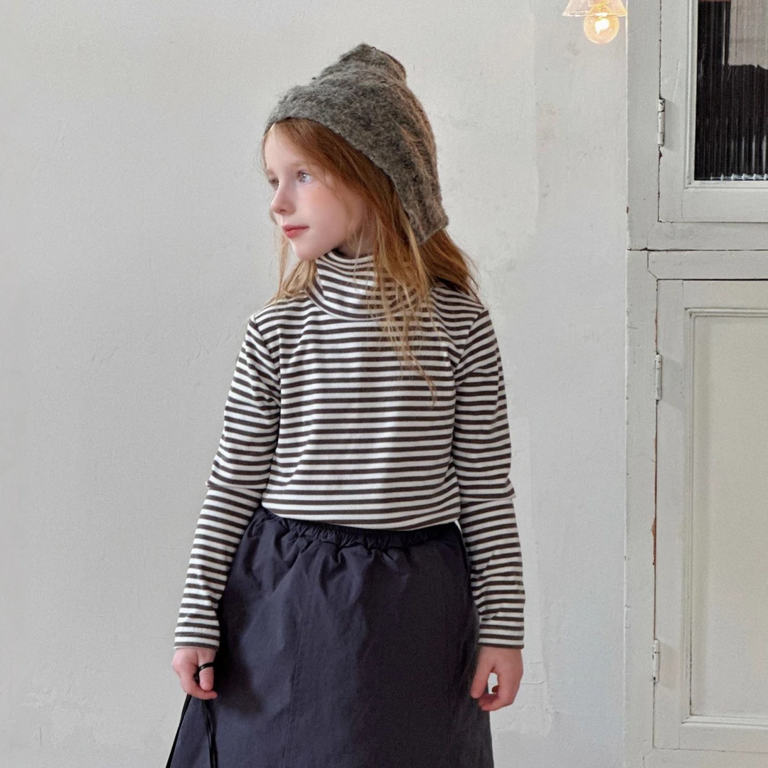 高货！女童条纹加绒打底衫2025儿童秋冬高领加厚长袖T恤上衣