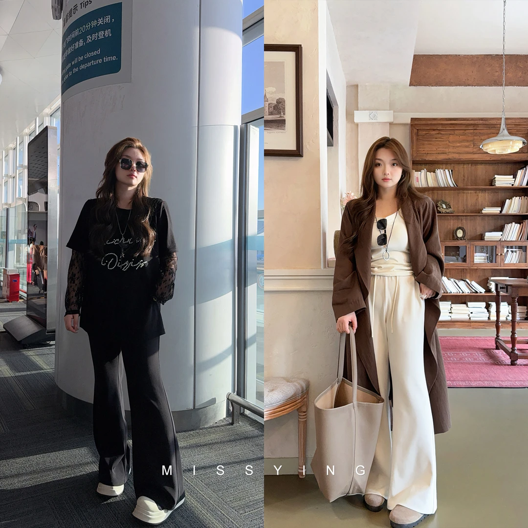 应小姐【高腰腿精裤】微胖大码秋季显瘦设计感气质高腰宽松微喇长裤