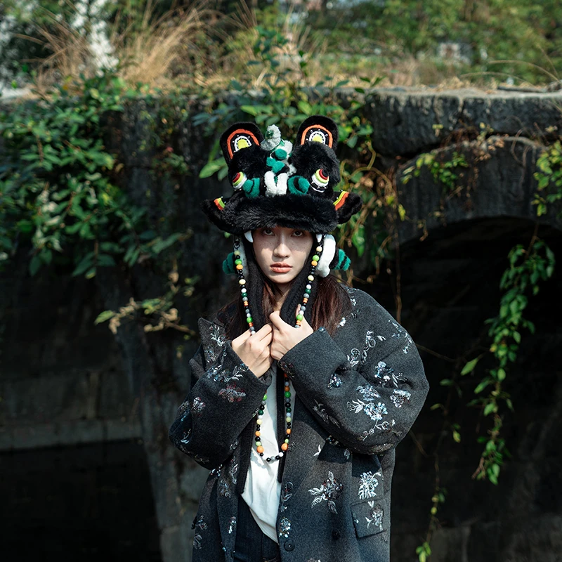 芽小七原创小众设计张飞狮毛线帽滑雪冬天撞色防寒保暖亲子针织