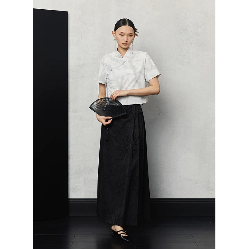 清-HECO【浅墨】新中式国风短袖上衣女夏季2025立领盘扣短款T恤