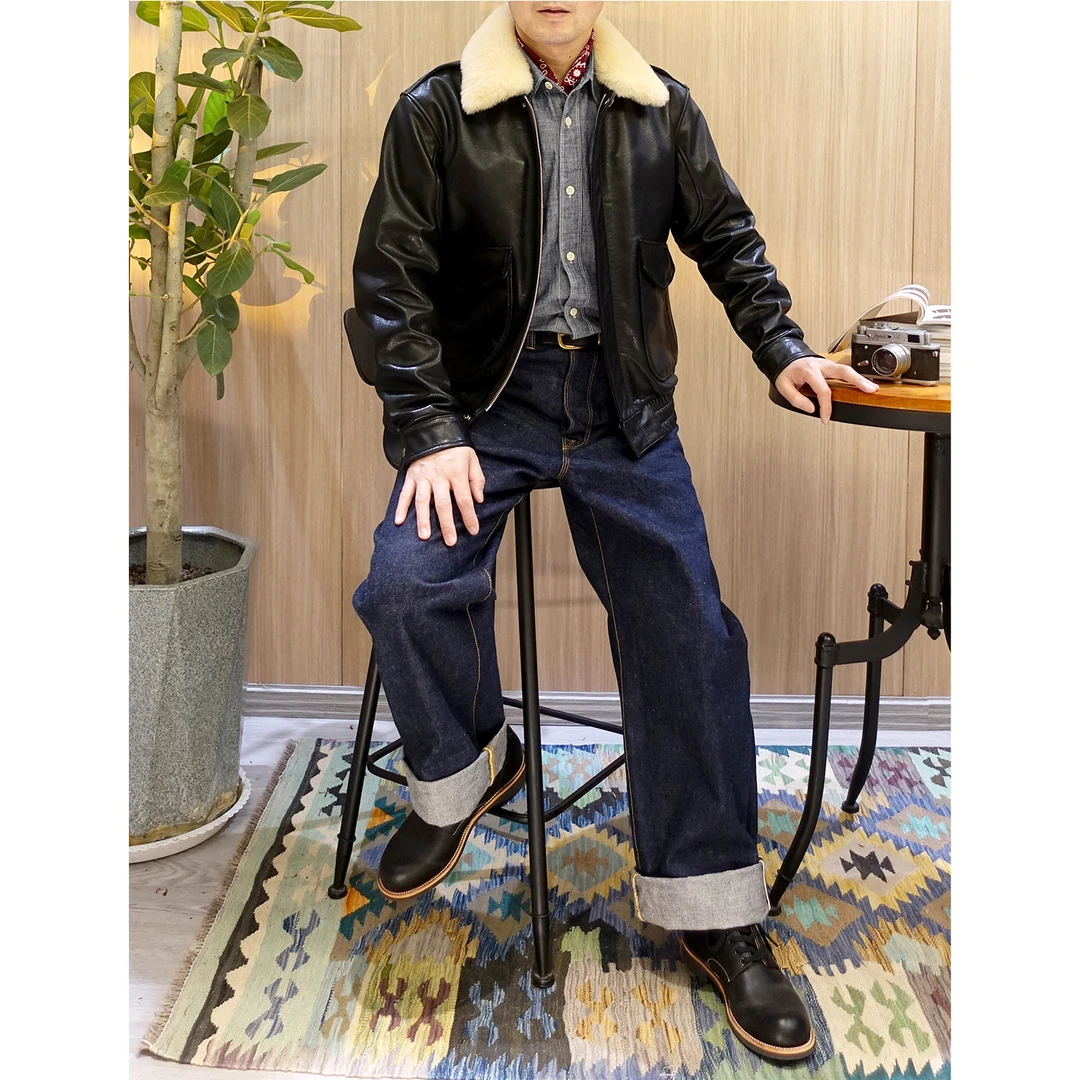 美式复古重磅羊皮毛领植鞣牛皮皮真皮皮衣飞行皮夹克FG2619