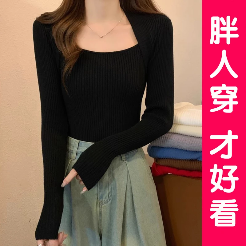 大码胖MM方领假两件针织上衣女秋冬百搭显瘦设计感长袖上衣打底衫
