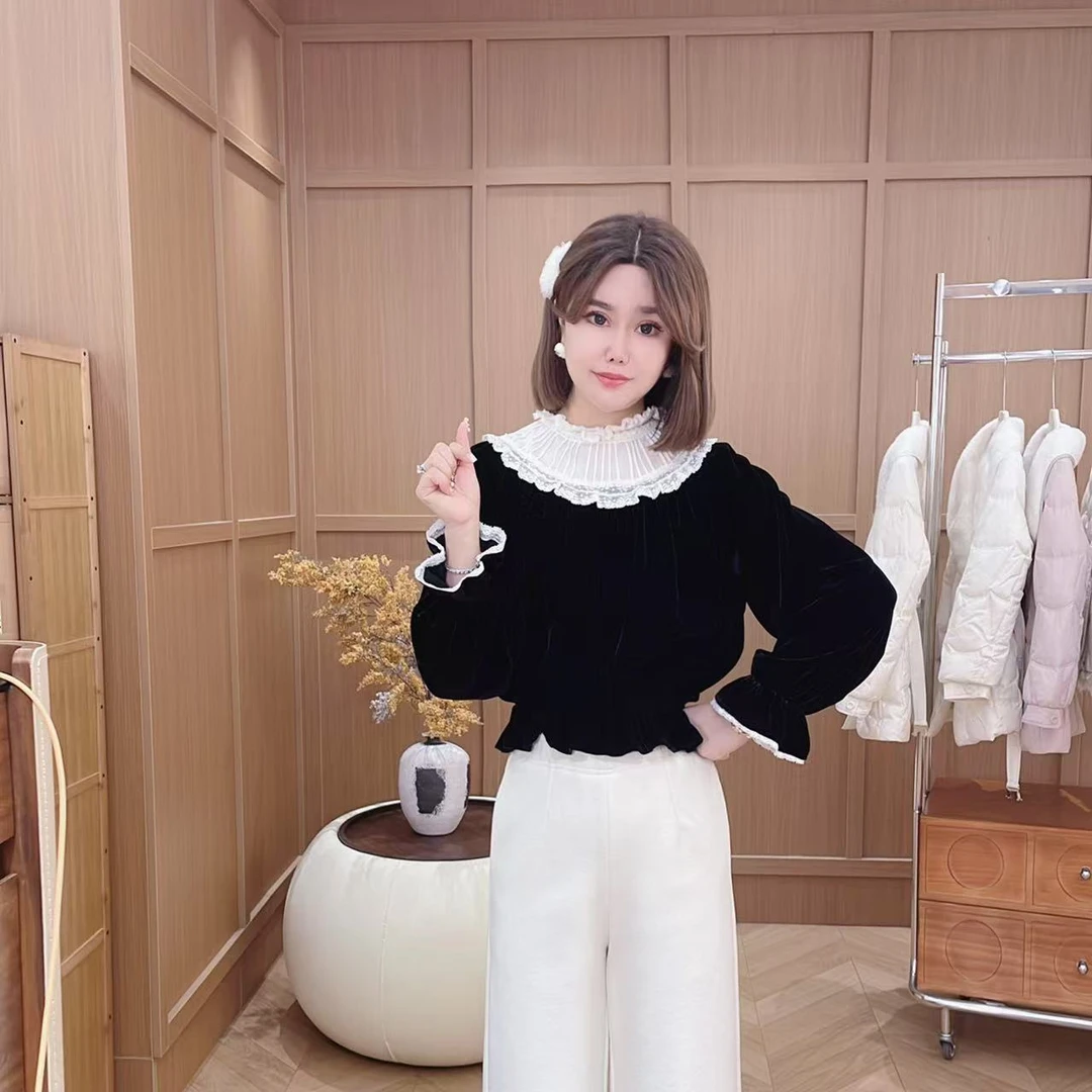 闺蜜精品100801【青柚】菲边拼接丝绒衫