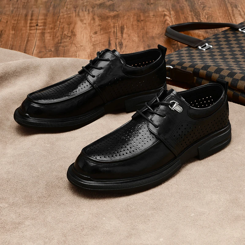男士皮鞋夏季新款镂空透气休闲商务正装英伦透气柔软系带男鞋1387