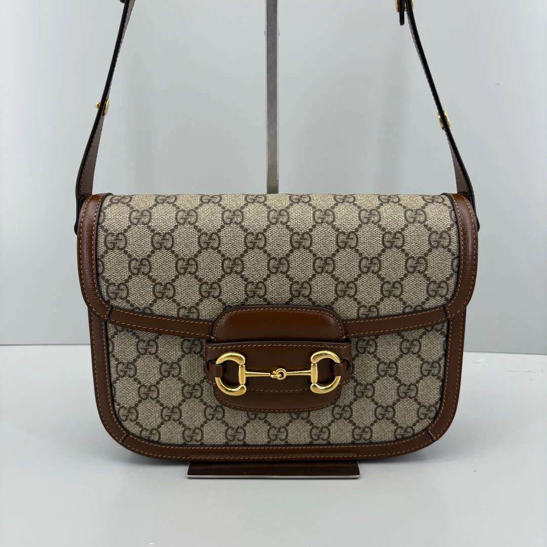 95新 GUCCI/古驰 优选/1955中号棕色老花马鞍包黑标032/25x18x8