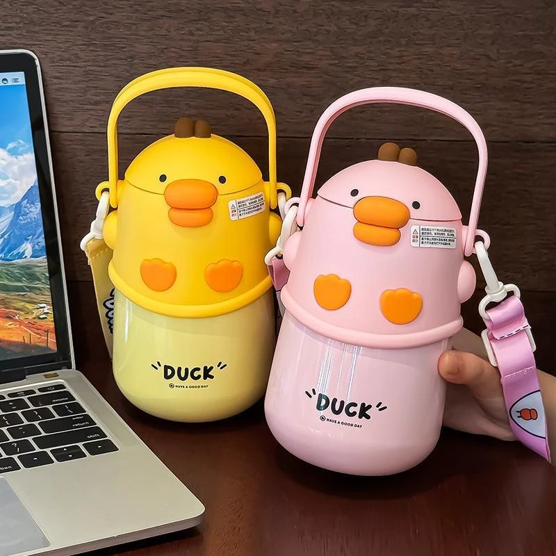 日本小黄鸭保温杯儿童可爱316不锈钢吸管杯学生上学专用水杯