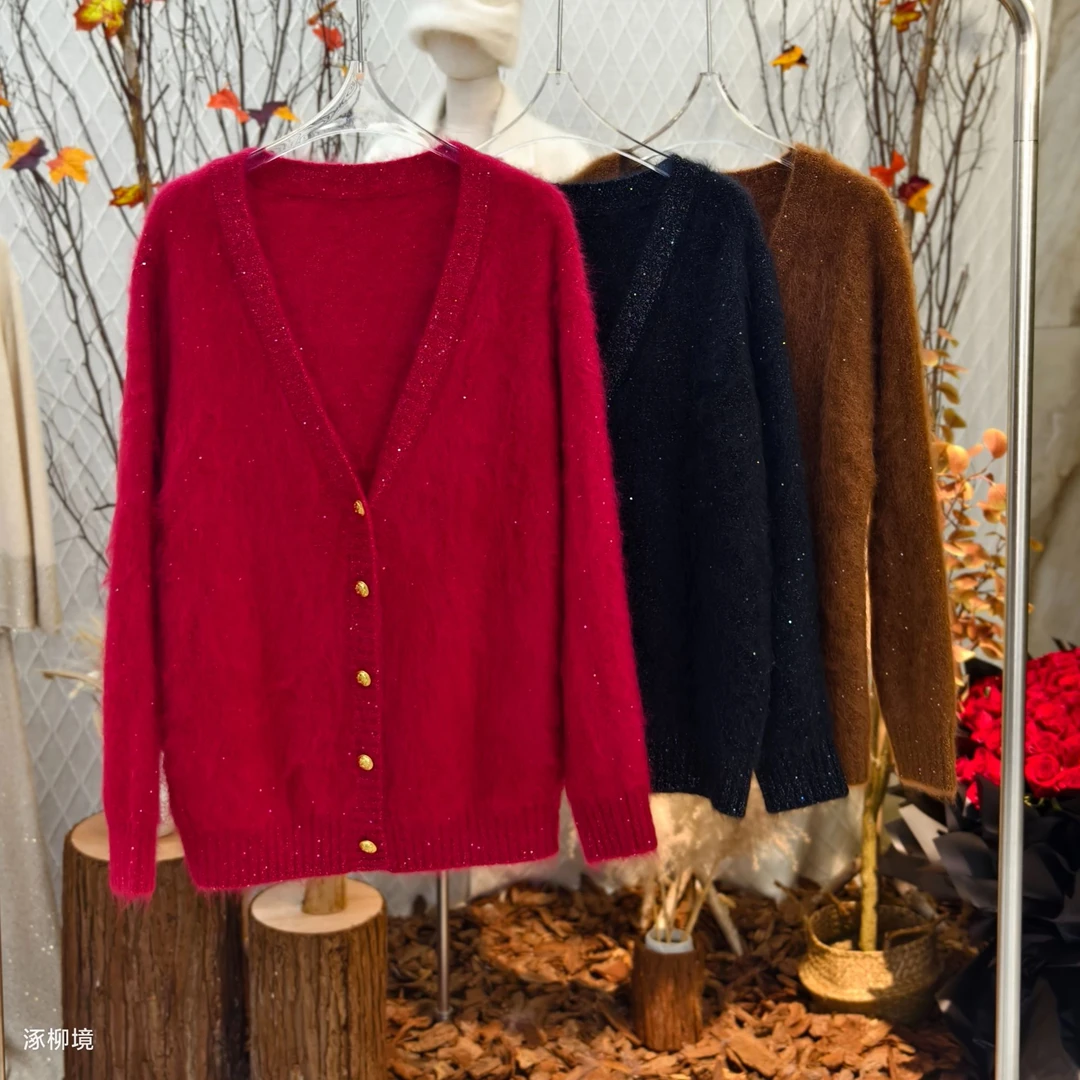 【满天星】珠片不灵不灵重磅加厚400克山羊绒拉绒针织V领开衫1127
